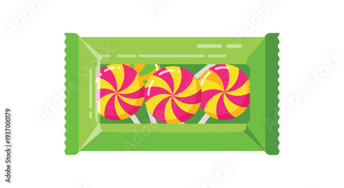 Colorful lollipops in green packaging, a sweet treat for everyone.