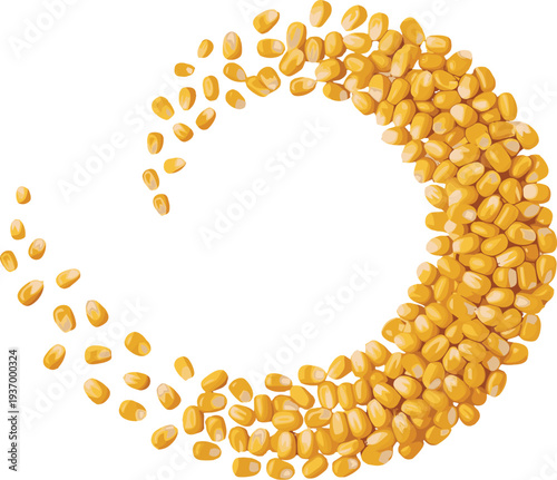 Yellow corn kernels forming circular pattern isolated on transparent background for food concept
