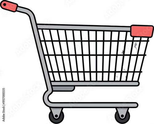 Empty shopping cart with red handles on wheels for retail shopping concept