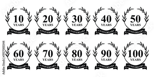 Set of 10 to 100 anniversary luxury elegant golden logo design, Number text 10 to 100 years bithday party festival logo symbol concept.