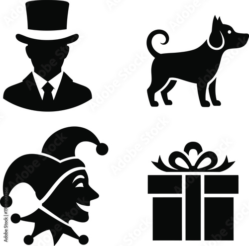 Collection of four black silhouette icons featuring a man dog jester and gift box