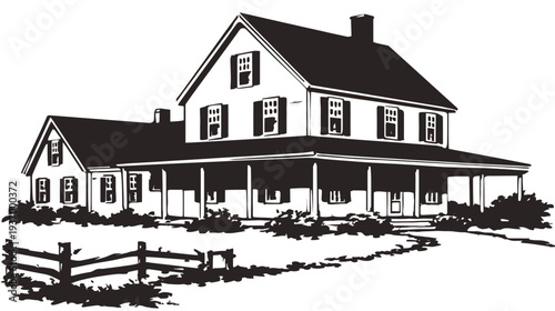 Black and white illustration of a two-story house with a large porch and small building