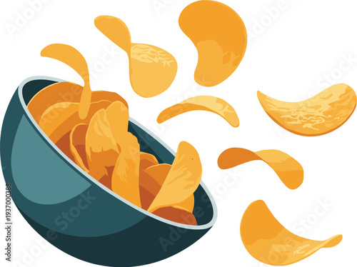 Vibrant potato chips spilling out of bowl in dynamic motion for snack food concept
