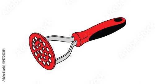 Potato Masher Kitchen Utensil Red Handle Silver Metal.