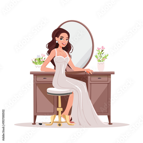 Woman in dress seated at a dressing table illustration