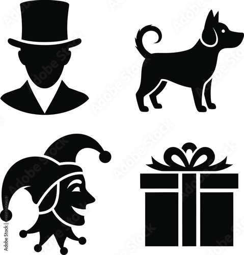 Black silhouettes of a man dog jester and gift box on white background
