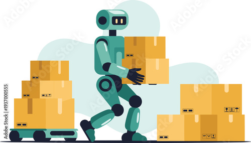 Robot efficiently moving boxes in modern warehouse for logistics automation concept