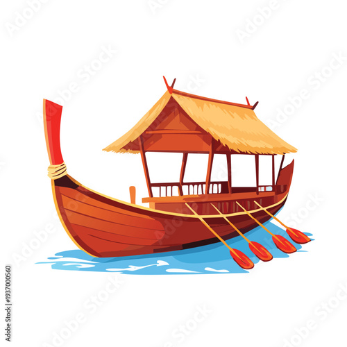 Wooden boat with thatched roof on water