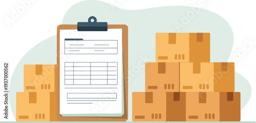 Stacks of cardboard boxes with clipboard and inventory list for shipping management concept