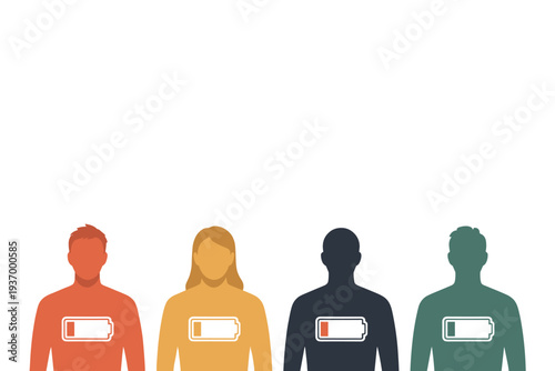 Four people with battery icons on chest showing different energy levels for productivity concept