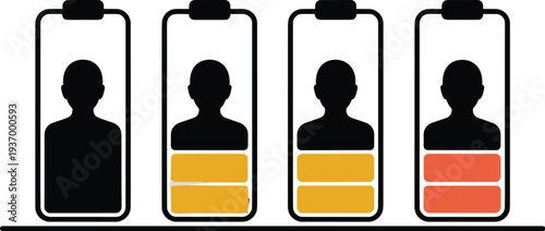 Four battery icons with people silhouettes showing different charge levels for energy concept