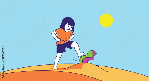 Girl stepping on a colorful object under the sun.