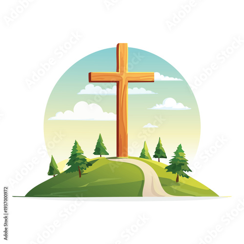 Wooden cross on a hill with trees and pathway illustration