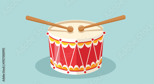 Colorful drum with drumsticks on a light blue background.