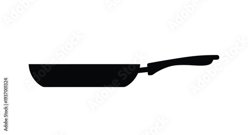 A simple black silhouette of a frying pan on a white background