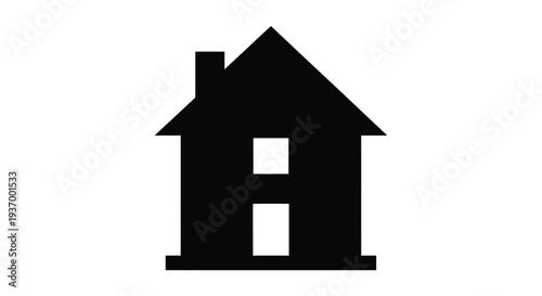 Simple black silhouette of a house with a chimney and doorway