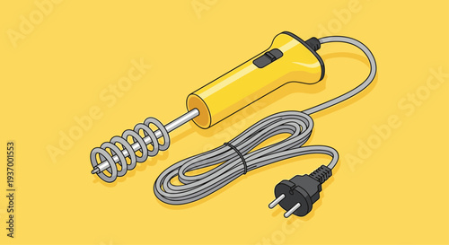 Yellow immersion water heater with power cord on yellow background.