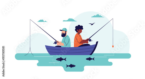 Two People Fishing Together on a Boat in the Water.