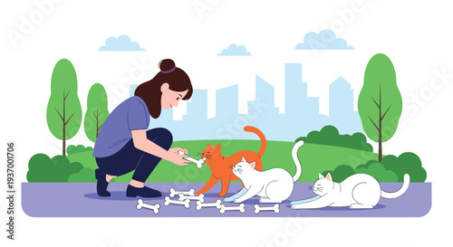 Woman feeding cats outdoors with treats in a park setting.