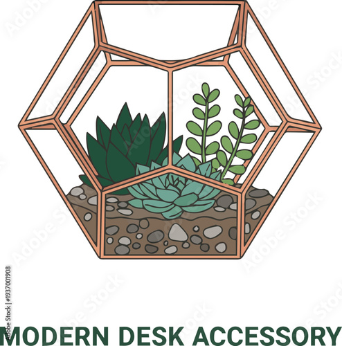 Modern Geometric Succulent Terrarium Illustration with Desk Accessory Text for Office Decor