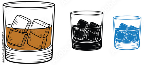 Three glasses showcase varied drinks, from whiskey on the rocks to a clear blue cocktail, displayed on a light background, modern beverage illustration set for bar menu and drink design.
