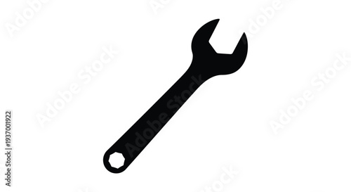 A simple black silhouette of an open end wrench on a white background