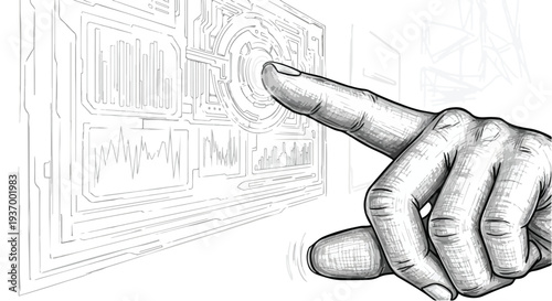 Hand interacting with virtual screen tech sketch
