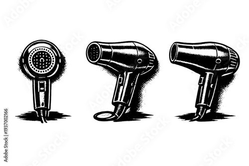 Vintage hair dryers in a row, black and white illustration, retro style
