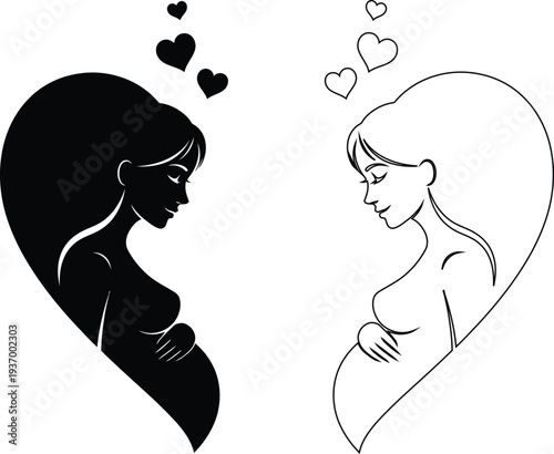 Contrasting silhouettes of a man and woman with hearts