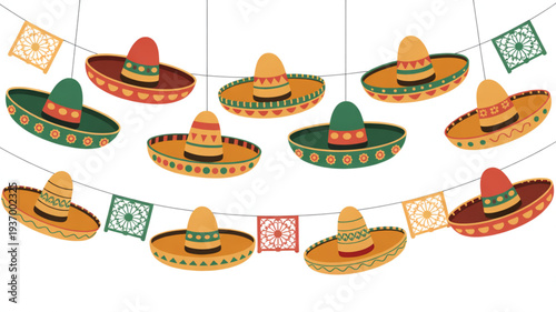 Vibrant sombrero party garland with colorful decorations and festive hats on a white background for celebration