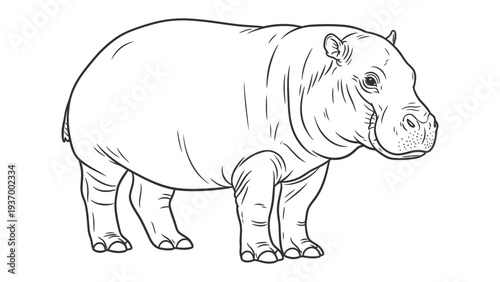 Hippopotamus Illustration: A detailed line drawing of a hippopotamus, showcasing its massive size and unique features.