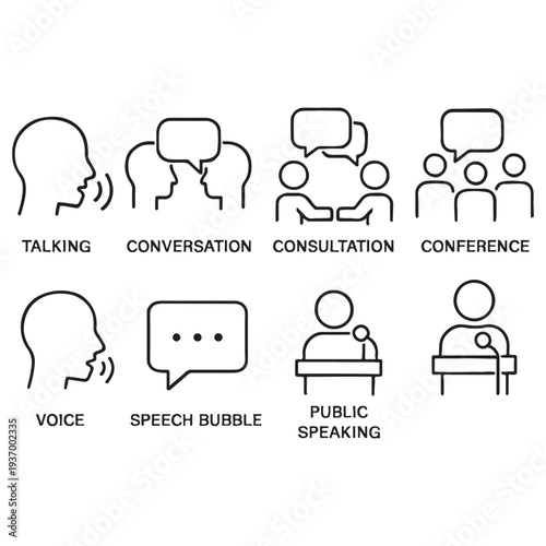 Speaking and Communication Line Icons – Conversation, Consultation, Conference Vector Set