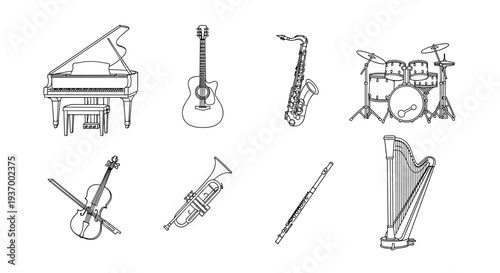 Collection of diverse musical instruments in a line drawing style for creative use