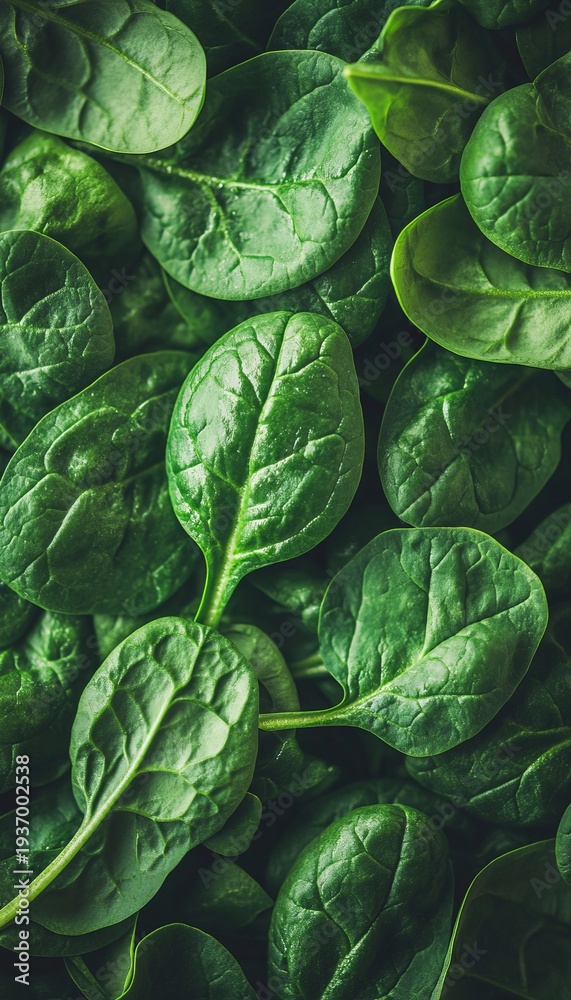 Fototapeta premium Vibrant Organic Spinach Leaves with Intricate Veins Displayed in a Lush Green Vegetable Medley Scene