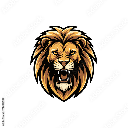 A fierce roaring lion head with an aggressive expression on a white background