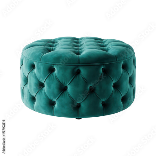 Teal Velvet Tufted Round Ottoman on White Background