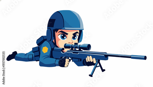 Cute cartoon soldier aiming with a sniper rifle, illustration