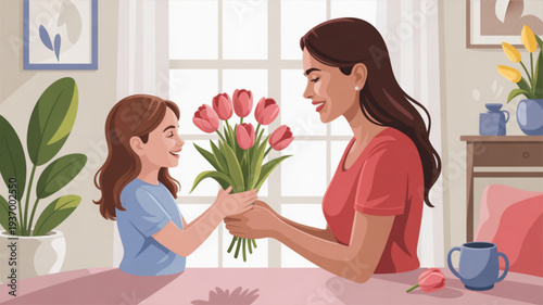 Woman and little girl exchanging flowers in a cozy home interior with natural light