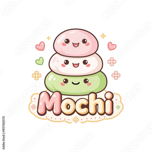 Adorable kawaii mochi illustration featuring three stacked Japanese rice cakes with cute smiling faces in soft pastel colors (pink, white, and green). Surrounded by hearts, flowers, and sparkles on a 