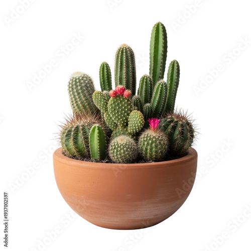 Terracotta pot filled with assorted green cacti and two small pink flowers on white background