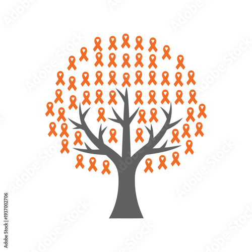 Multiple Sclerosis Awareness Tree with Orange Ribbons Vector Illustration on White Background