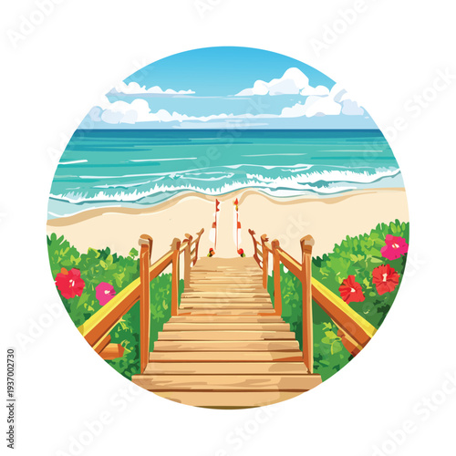 Wooden boardwalk leading to the beach under a sunny sky