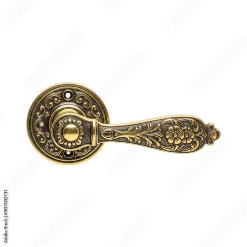 Vintage brass door lever handle with detailed floral and scroll patterns on a round plate