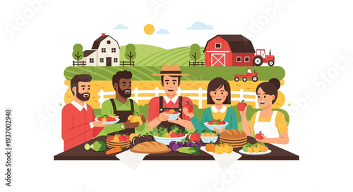 Diverse Farmers Sharing a Fresh Harvest Meal. Happy Community Eating Local Farm-to-Table Produce in a Rural Field Landscape Vector Illustration.