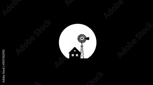 Silhouetted farm scene of house and windmill in front of a bright circle on a black background