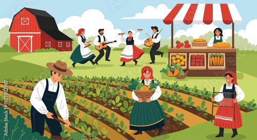 Traditional Rural Harvest Festival Scene: Farmers, Folk Dancers, and Local Market Stand by a Red Barn.