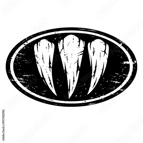 Distressed Black and White Oval Emblem featuring Three Aggressive Stylized Claw Marks, a Fierce Primal Grunge Logo with Sharp Talons. Ideal for Gaming, Sports Teams, Wild Animal Themes, or Robust Bran