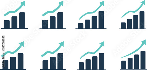 Business growth bar chart icons collection, upward trend graphics, financial improvement symbols, progress illustration, performance metrics design, success essentials