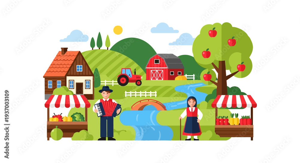 Fototapeta premium Flat Design Farm Scene and Traditional Folk Festival. Rural Landscape Vector with Barn, Tractor, Accordion Player, and Local Produce Market Stands.