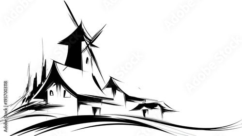 Black and white illustration of a stylized village with buildings, a windmill, and a flowing design